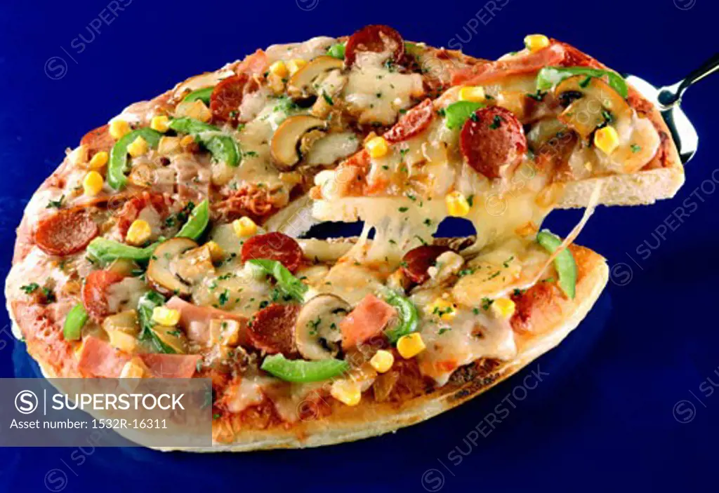 Pizza with sausage and vegetables (a piece cut)