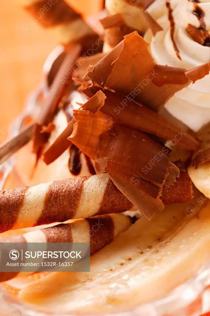 Banana split with wafers (close-up)