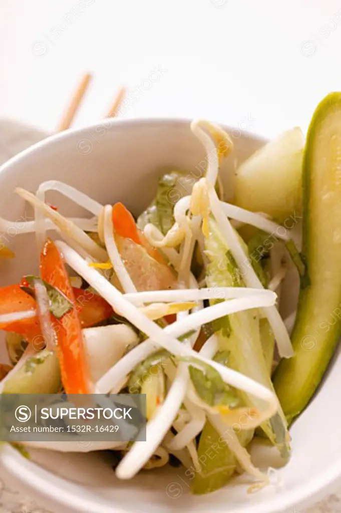Asian vegetable salad with sprouts and Thai aubergines