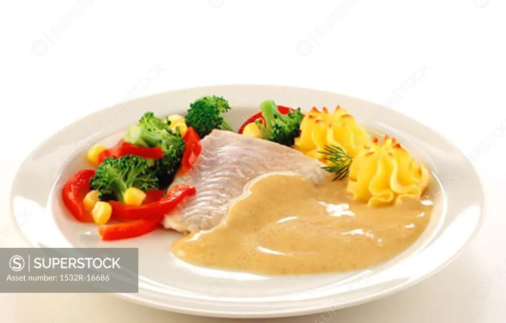 Coley with mustard sauce, vegetables and potato rosettes