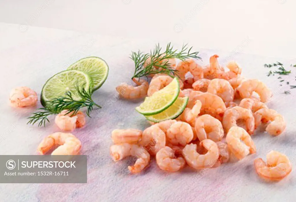 Shrimps, slices of lime and dill