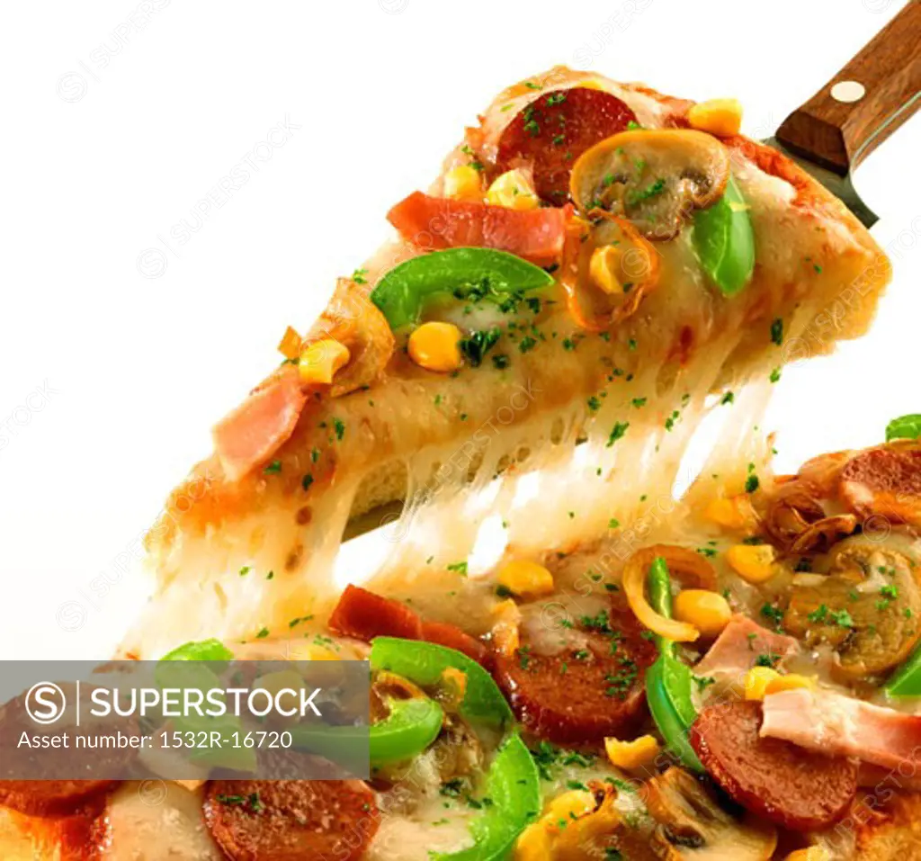 Pizza with sausage, peppers, mushrooms and sweetcorn