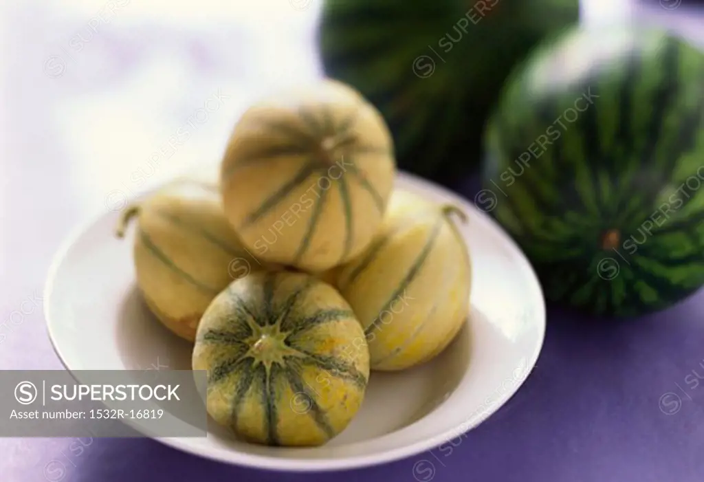 Charentais melons on plate, water melons behind