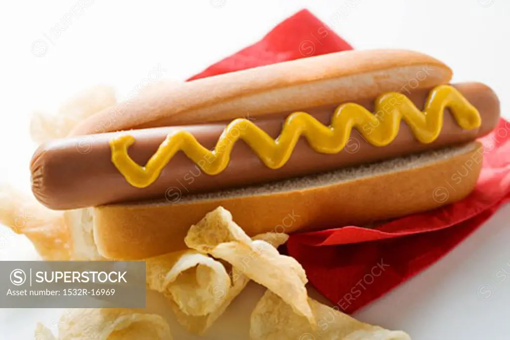 Hot dog with mustard and potato crisps on red napkin
