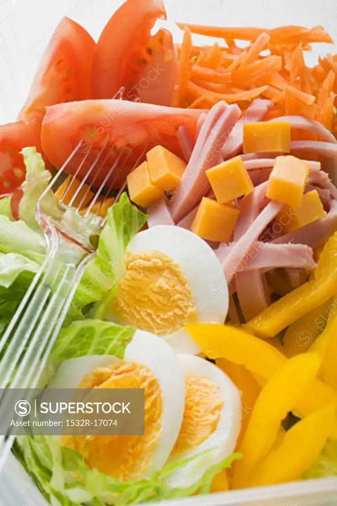 Mixed salad with ham and egg in plastic container