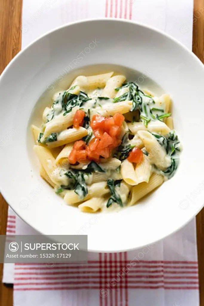 Rigatoni with spinach and cream sauce and diced tomato