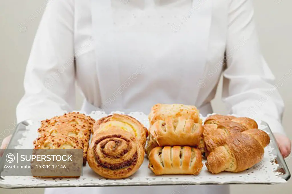 Assorted Danish pastries on a silver tray