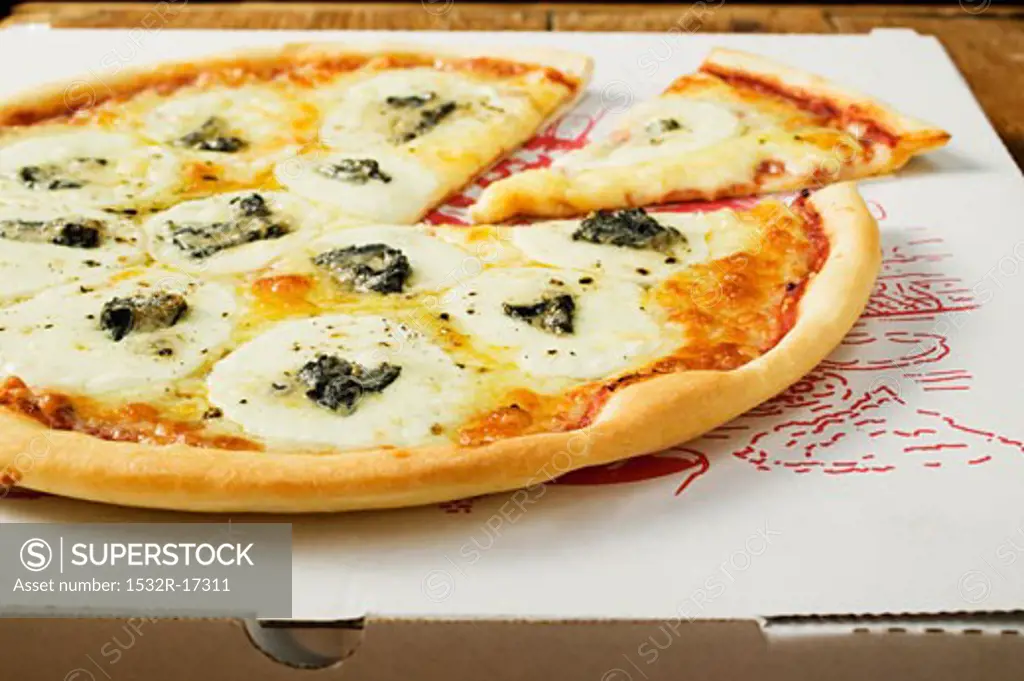 American-style three cheese pizza on pizza box