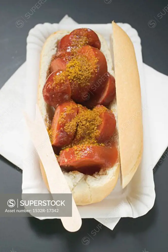 Currywurst (sausage with ketchup & curry powder) in roll in paper dish