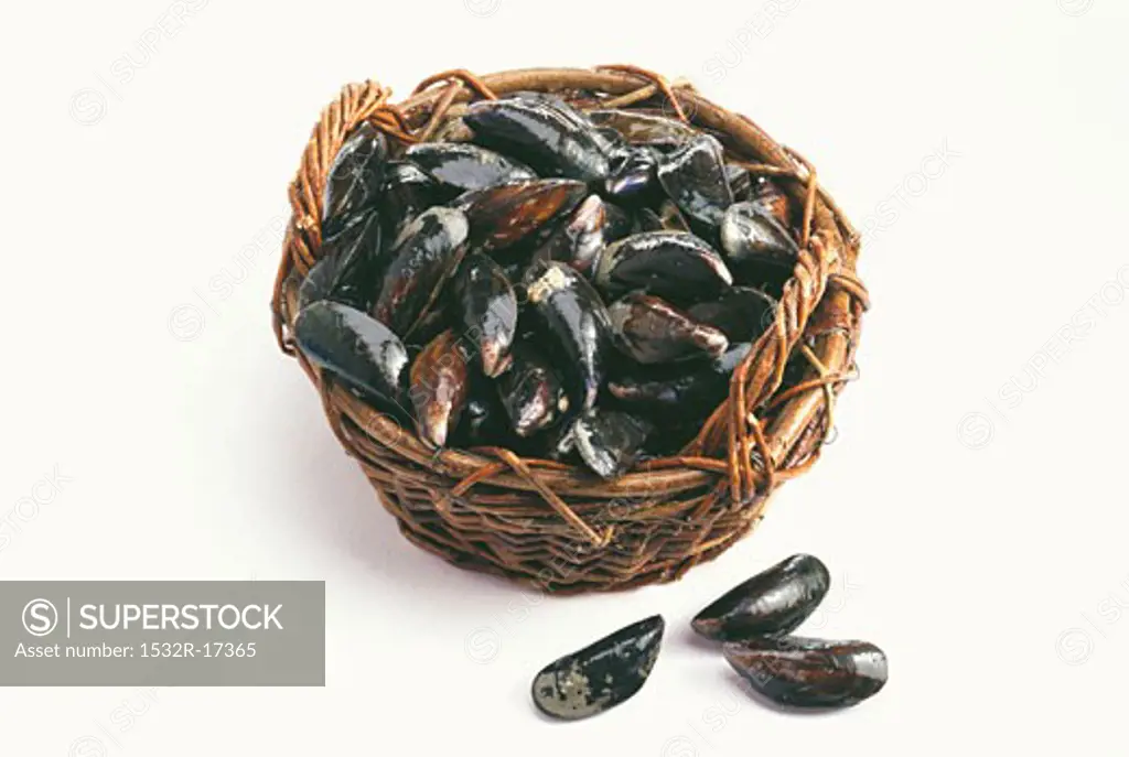 Fresh mussels in basket