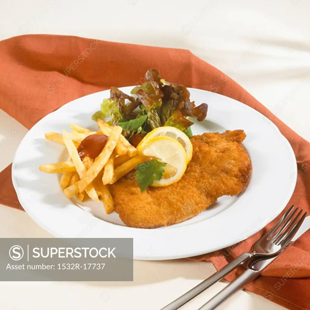 Wiener Schnitzel with chips, ketchup and salad