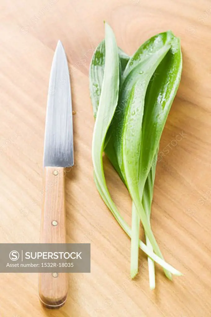 Fresh ramsons (wild garlic) on wooden background with knife