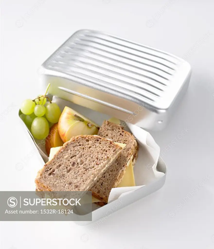Cheese sandwiches, apple and green grapes in lunch box