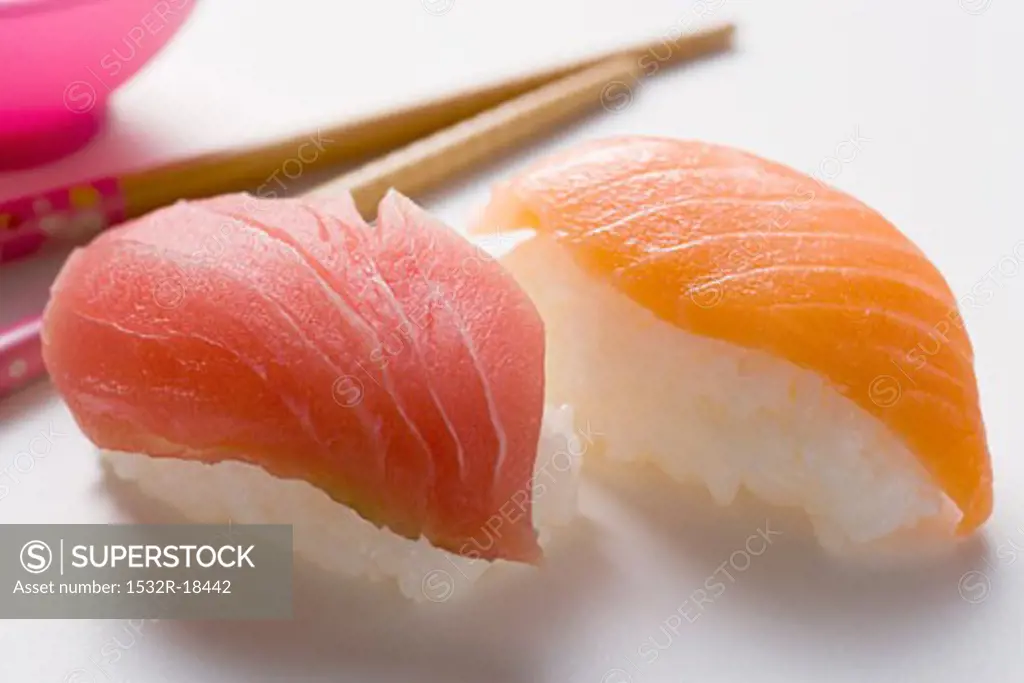 Nigiri sushi with tuna and salmon