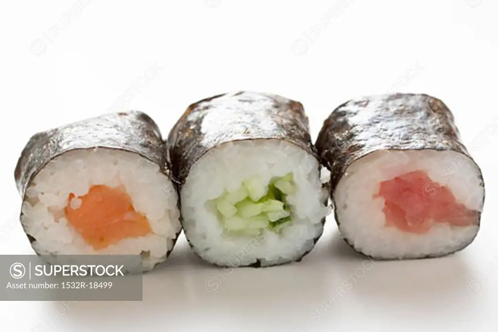 Maki sushi with salmon, with cucumber and with tuna