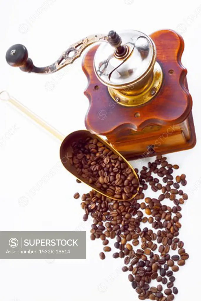 Nostalgic coffee mill, coffee beans and scoop beside it