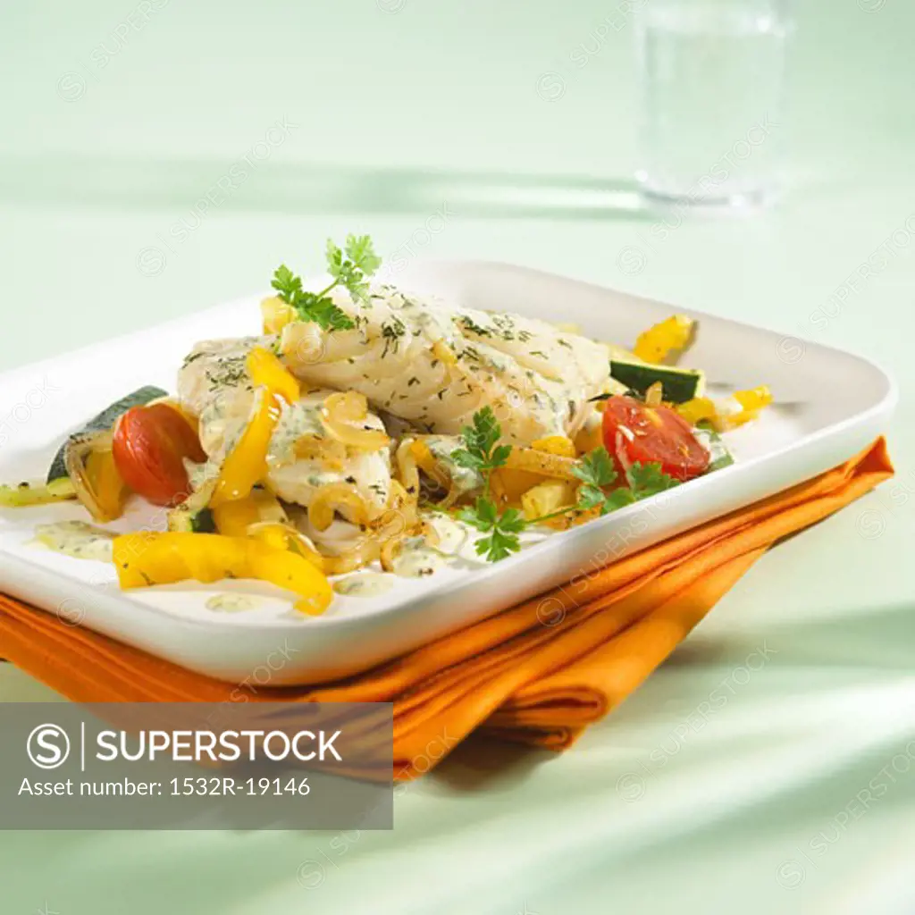 Steamed cod fillet with vegetables