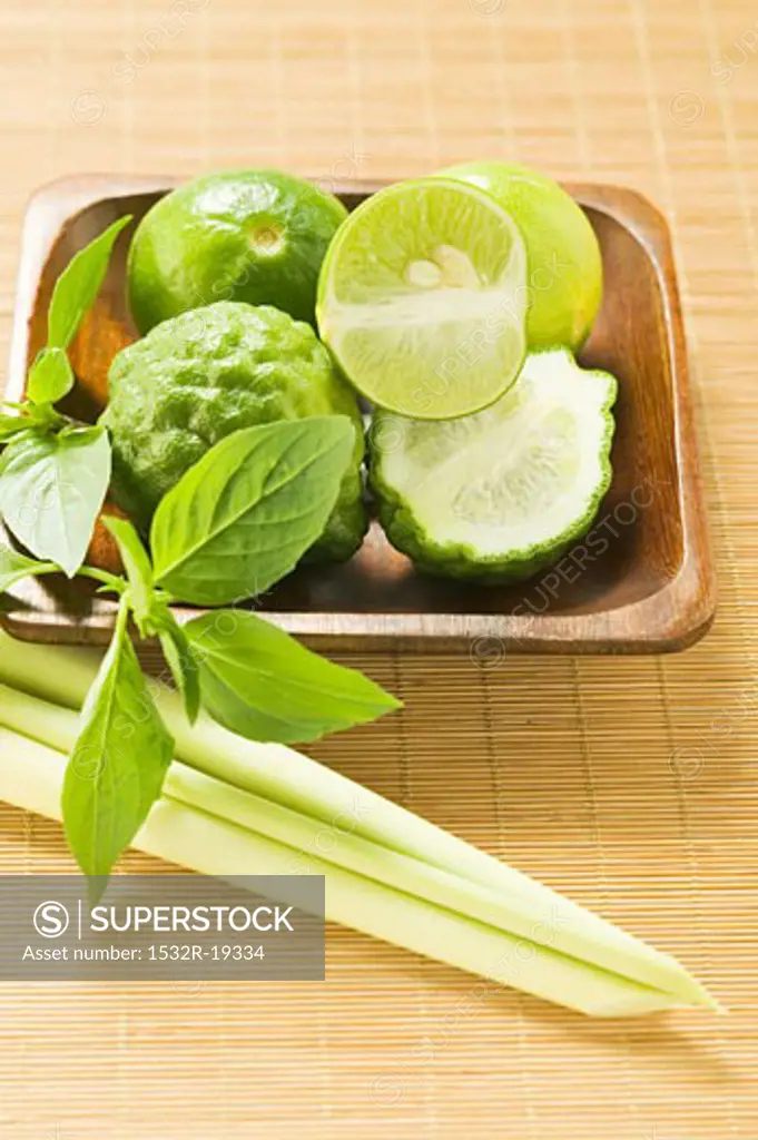 Limes, kaffir limes, Thai basil and lemon grass
