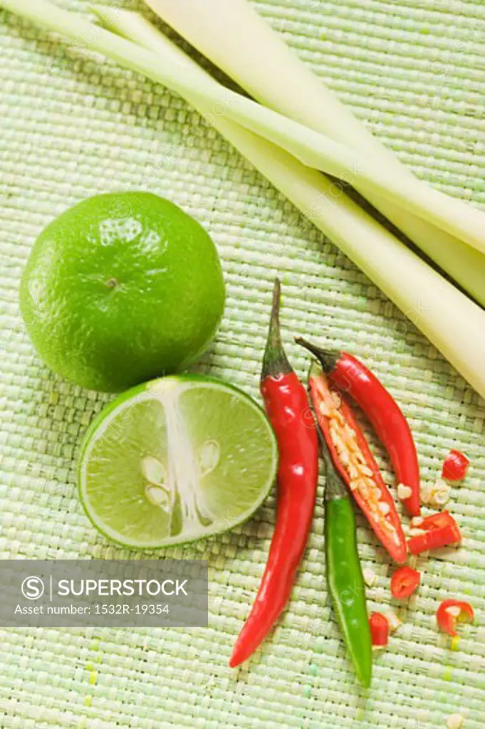 Limes, chili peppers and lemon grass
