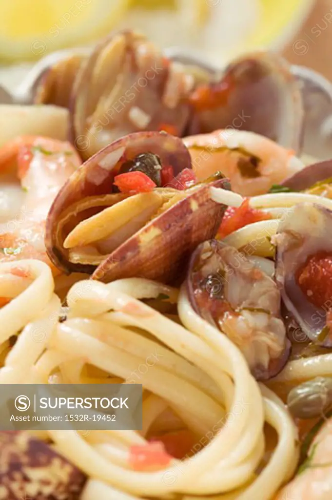 Linguine with seafood, close-up