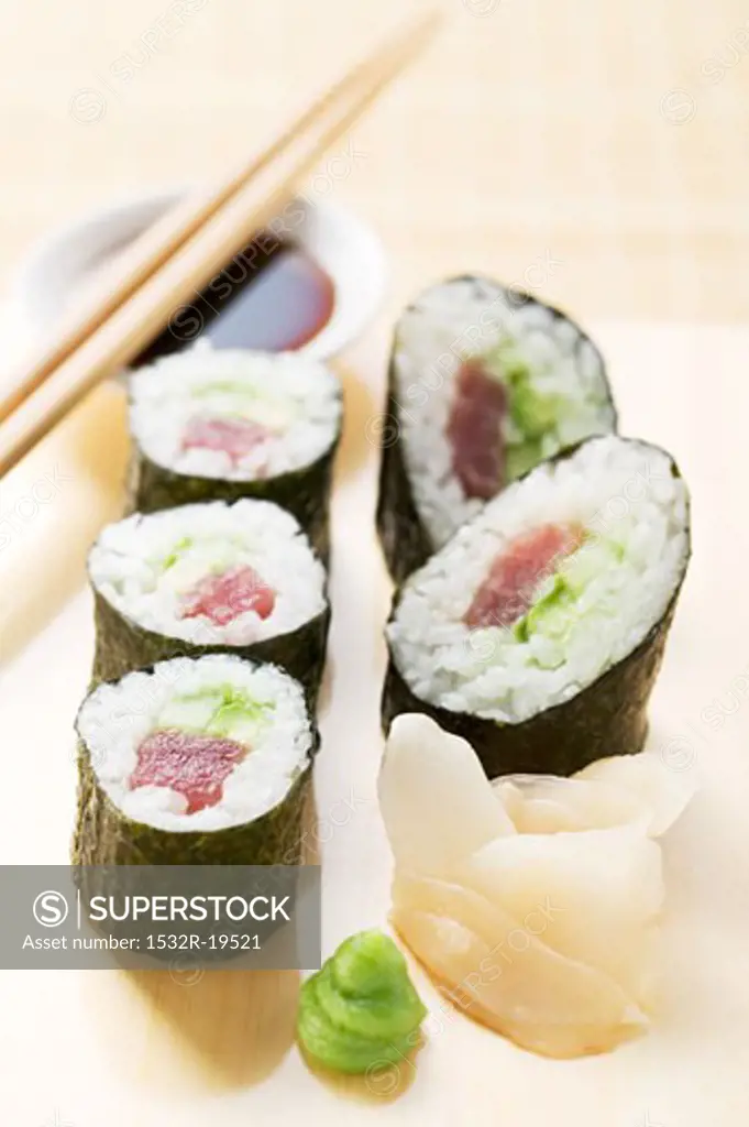 Maki sushi with tuna, ginger, wasabi, soy sauce