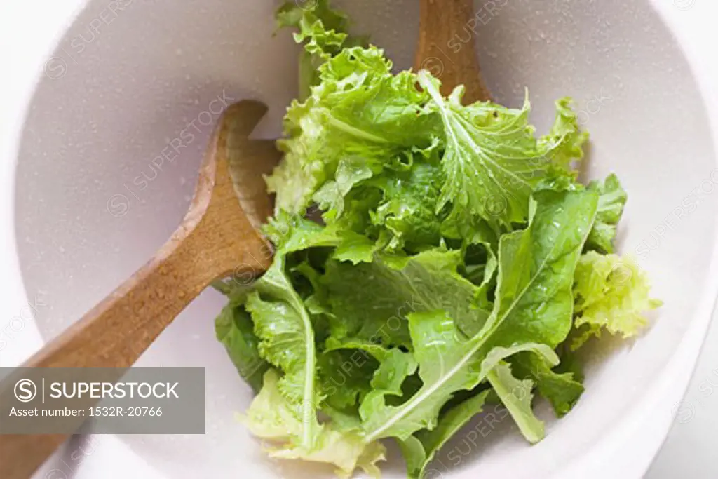 Mixed salad leaves in bowl with salad servers