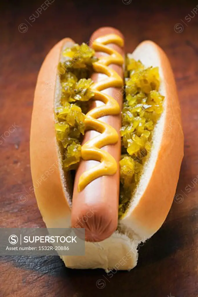 Hot dog with mustard and relish