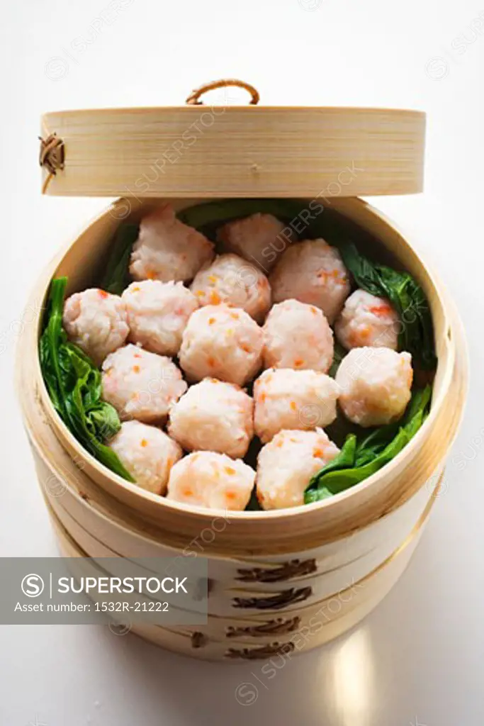Shrimp balls in bamboo steamer (Thailand)