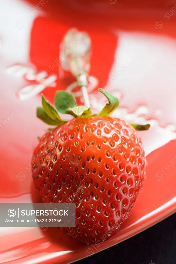 Strawberry on cocktail stick on red plate for Valentine's Day