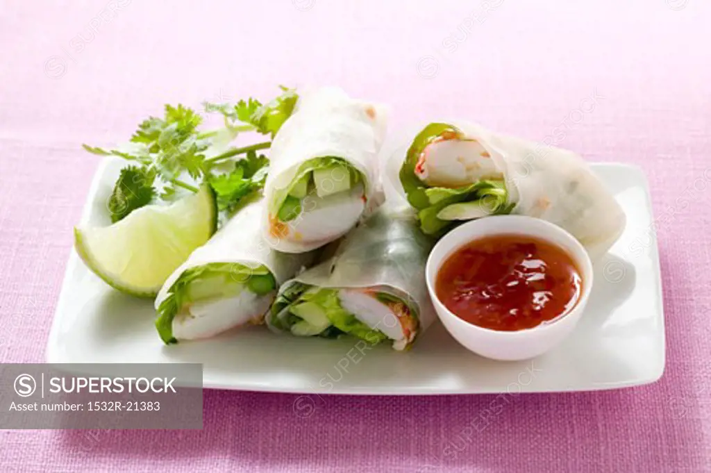 Rice paper rolls with giant river prawns and chili sauce