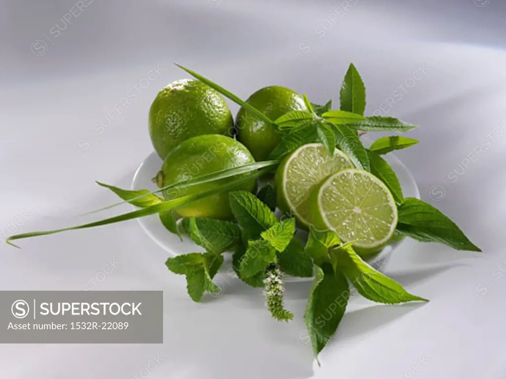 Limes and assorted herbs on a plate