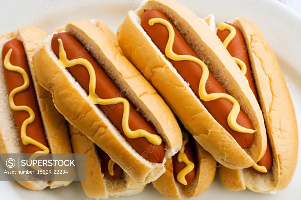 Six hot dogs with mustard