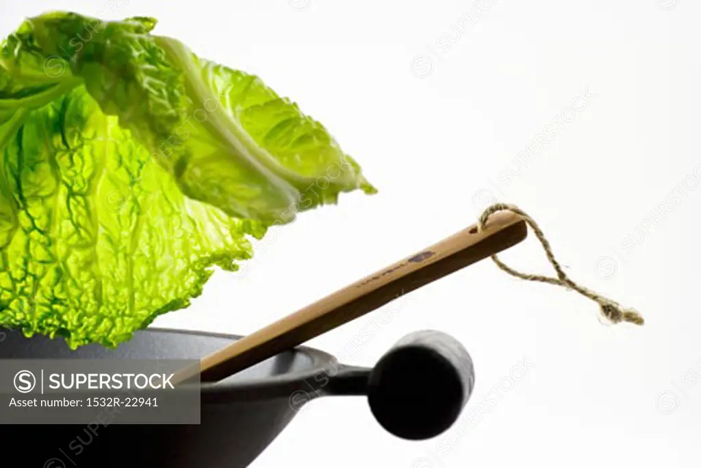 Savoy cabbage leaf falling into a wok