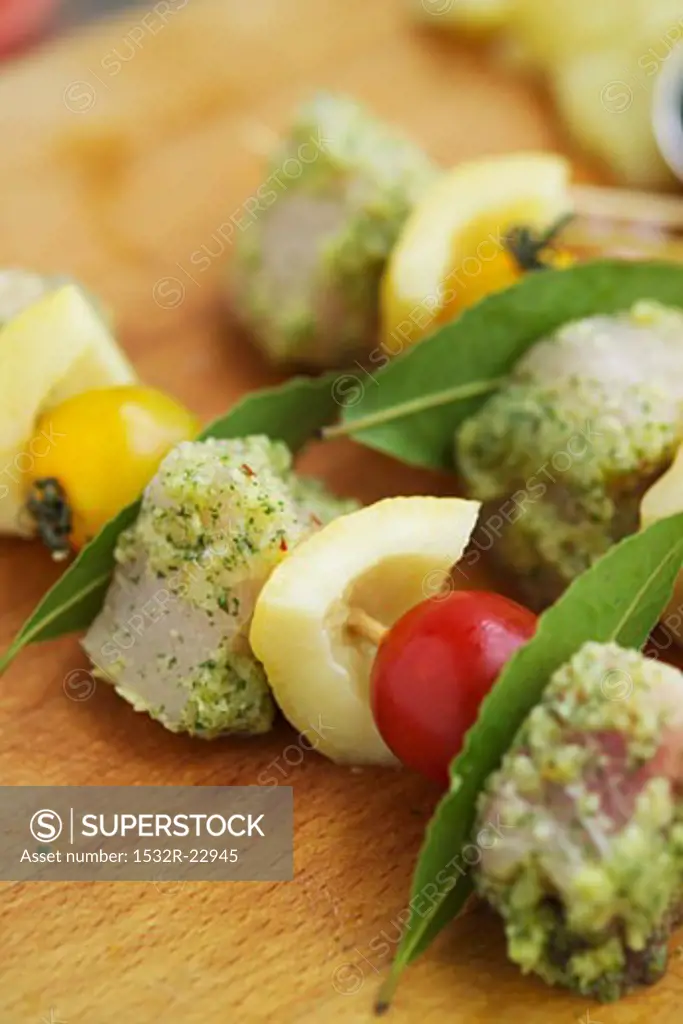 Swordfish and vegetable kebabs with herb marinade