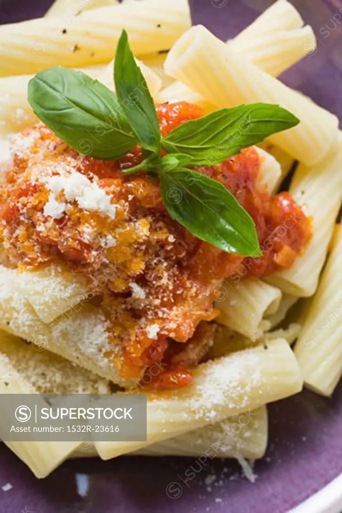 Rigatoni with tomato sauce and Parmesan