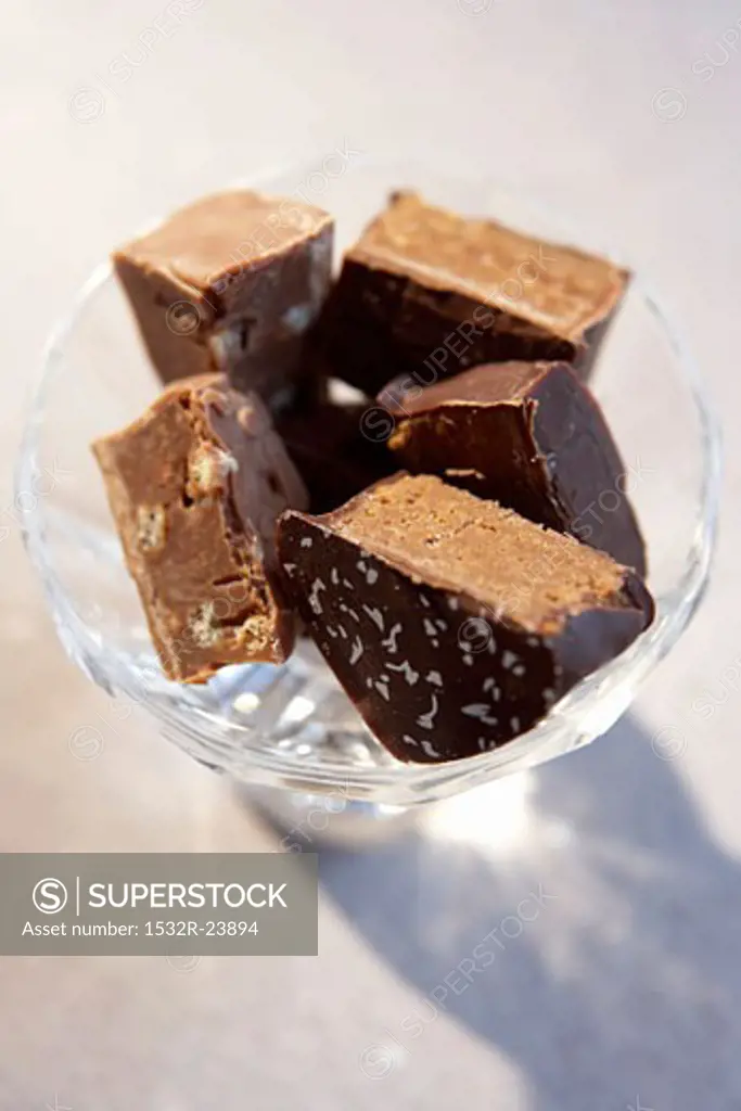Chocolates in a small glass bowl