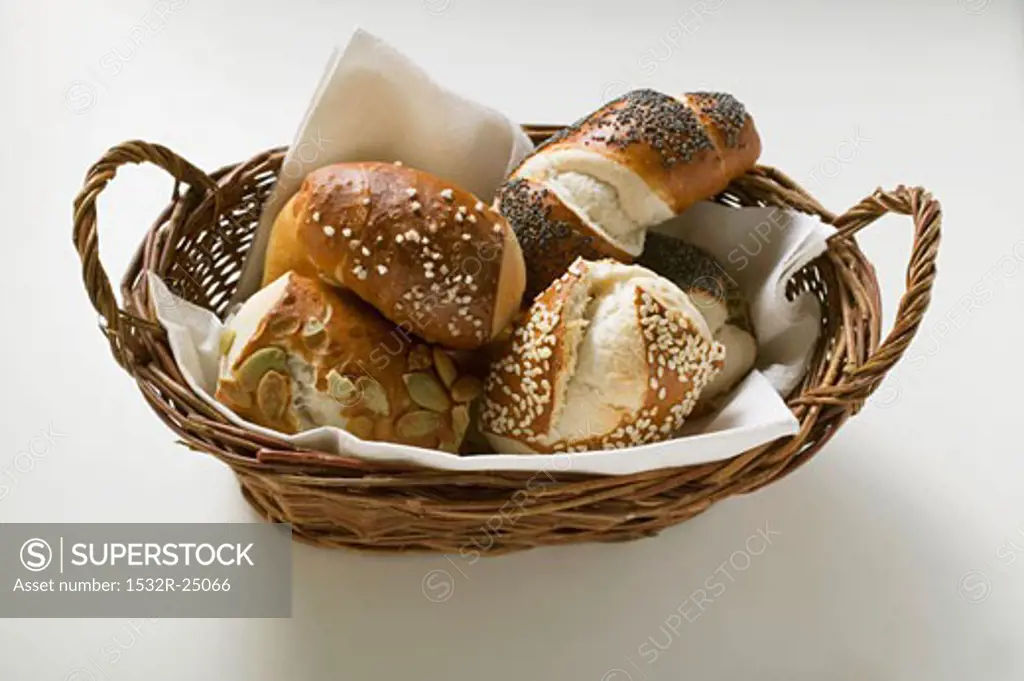 Assorted pretzel rolls in bread basket