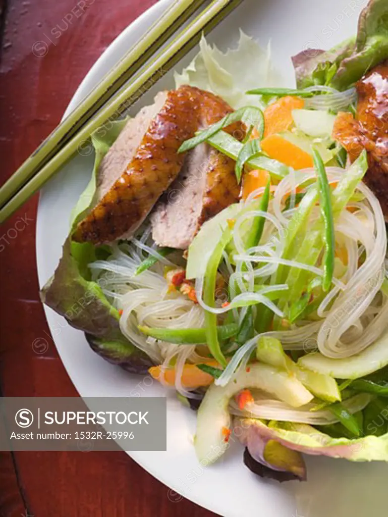 Lettuce with roast duck breast, vegetables, glass noodles (Asia)