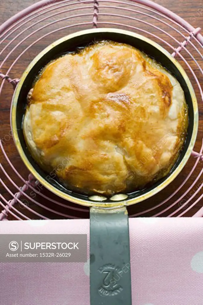 Apple tart in frying pan (overhead view)