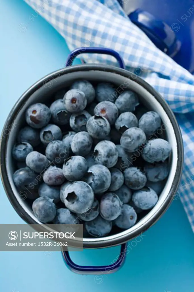 Fresh blueberries in blue pan