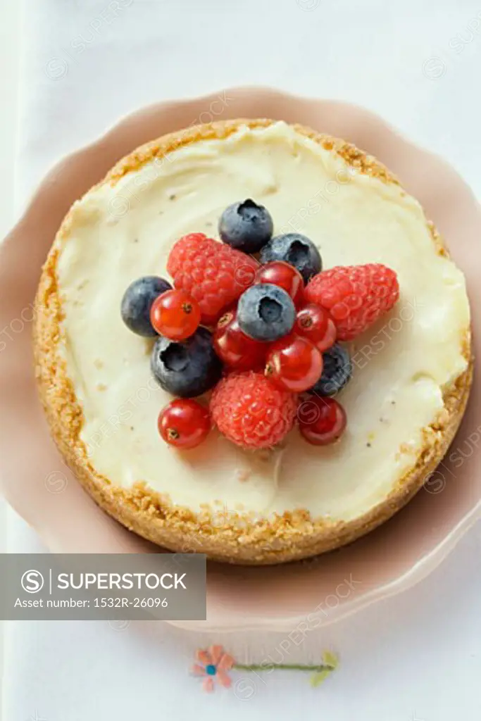 Cheesecake with fresh berries (overhead view)