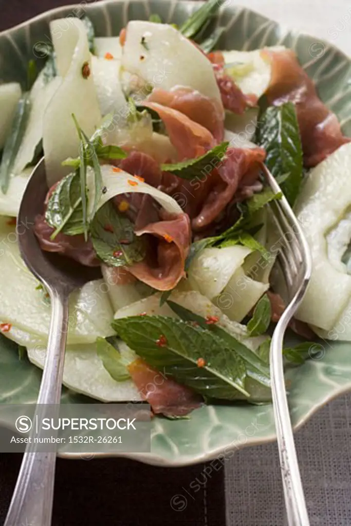 Melon salad with Parma ham and mint