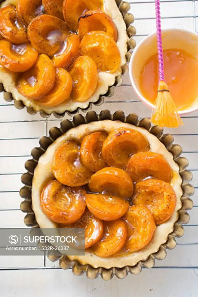 Apricot tarts in baking tins on cake rack