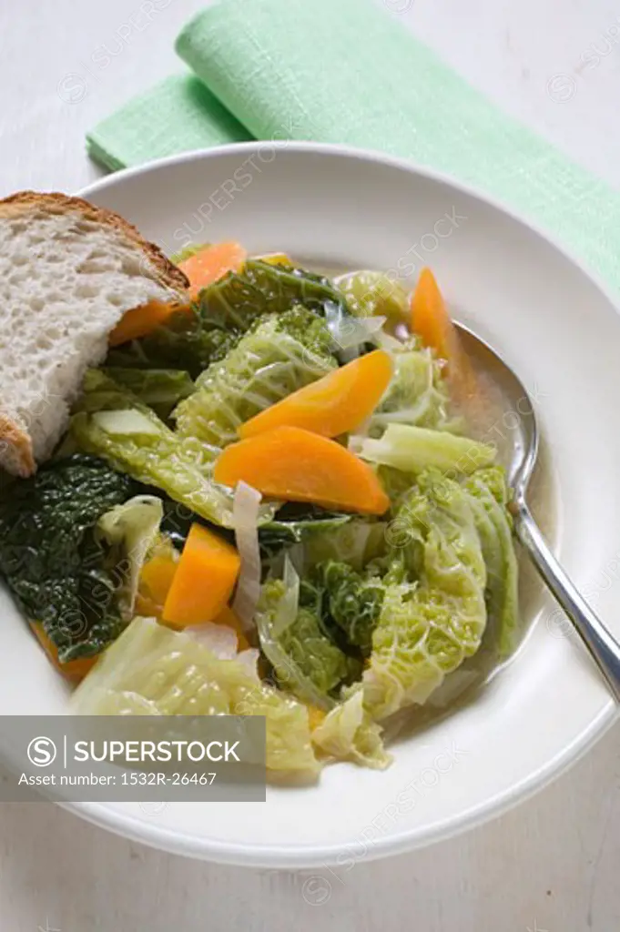 Savoy and carrot stew in soup plate, piece of bread