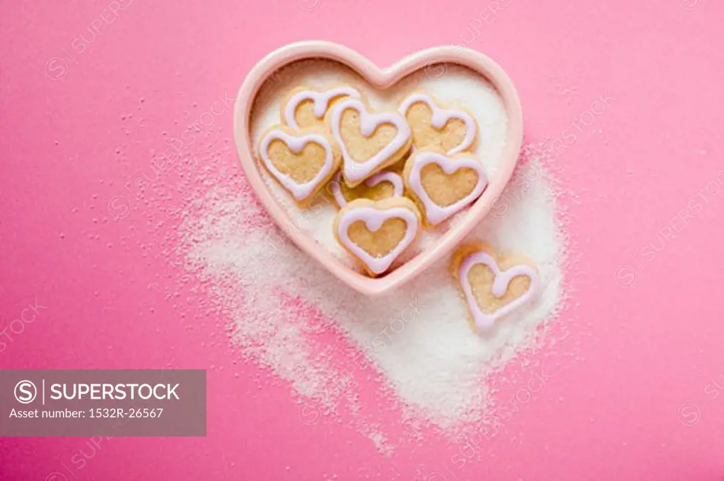 Small heart-shaped biscuits for Valentine's Day in sugar bowl