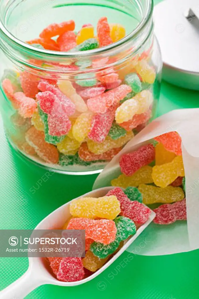 Sour Sweets (fruity jelly sweets, USA) in jar and bag