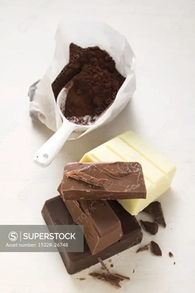 Cocoa powder in bag with scoop, pieces of chocolate beside it