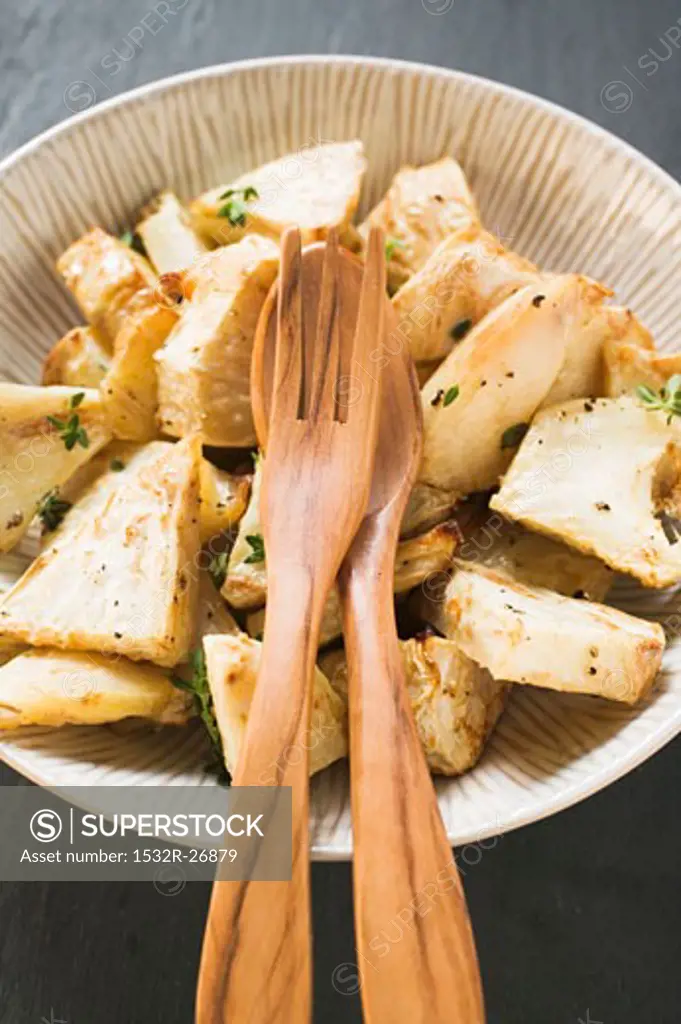 Roasted chunks of celeriac in dish