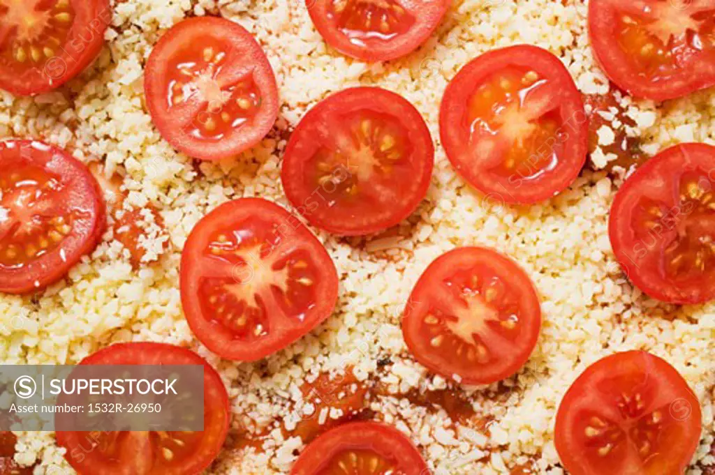 Cheese and tomato pizza (unbaked), full-frame