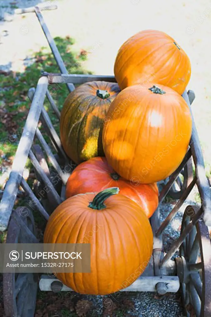 Orange pumpkins in wooden cart (outdoors)